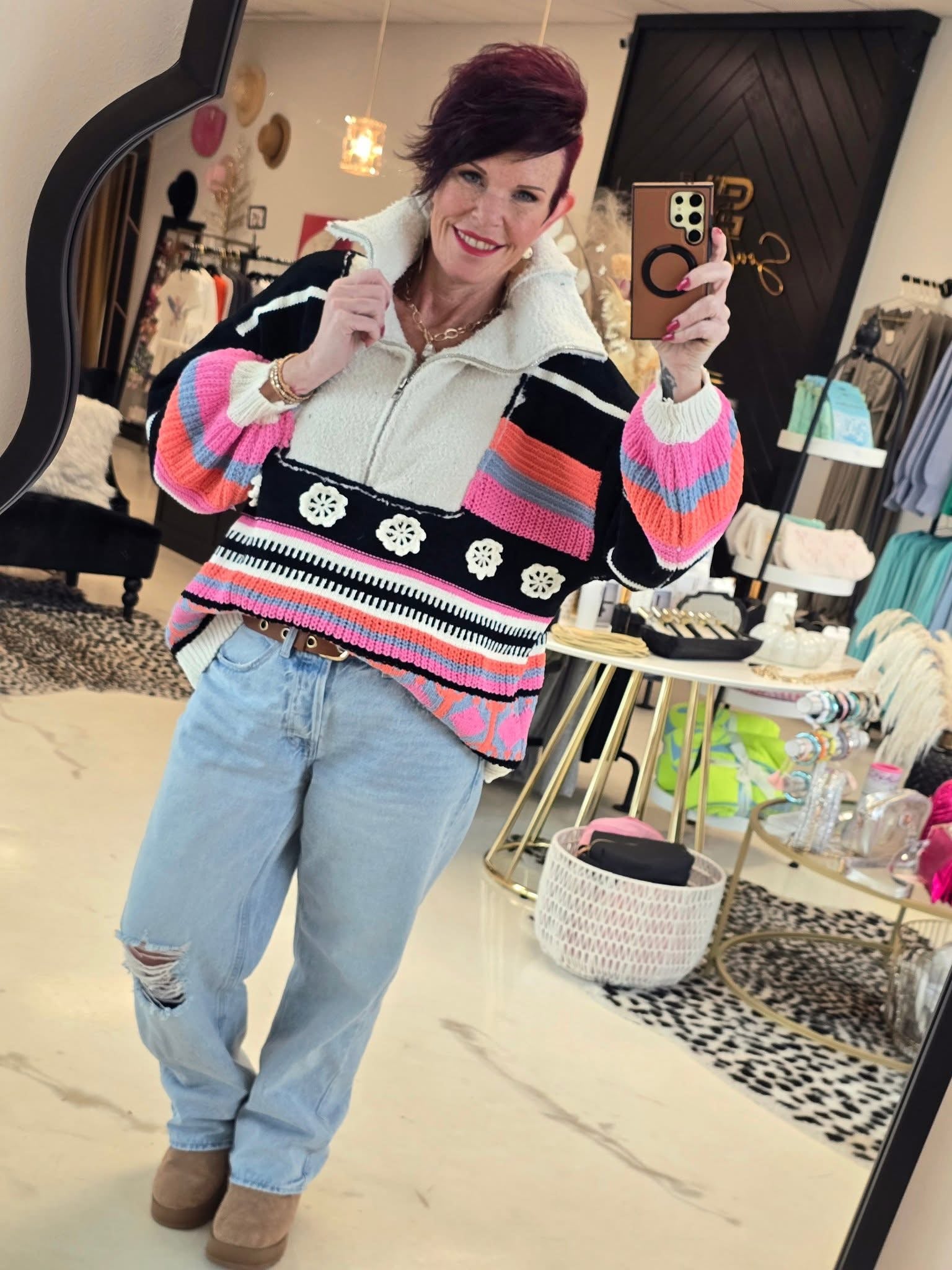 High Collar Half Zip Colorblock Pullover Sweater