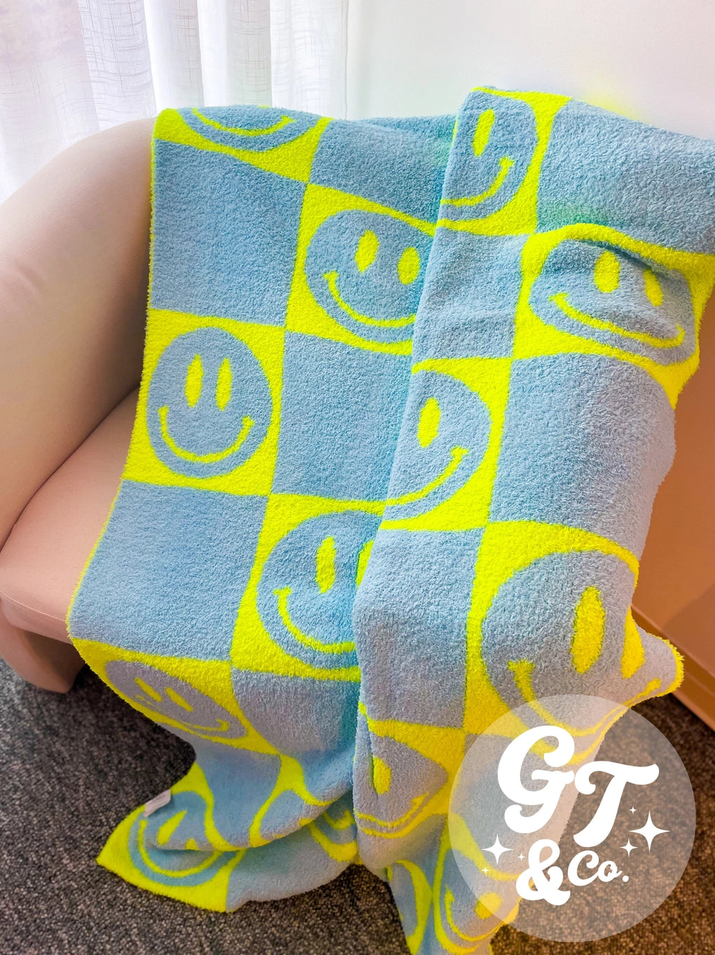 Lux Neon Throw Smiley Blanket // Blue + Lime